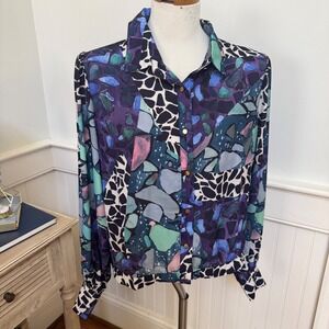 NWT Apricot Women Abstract Print Long Sleeve Collared Button Down Blouse